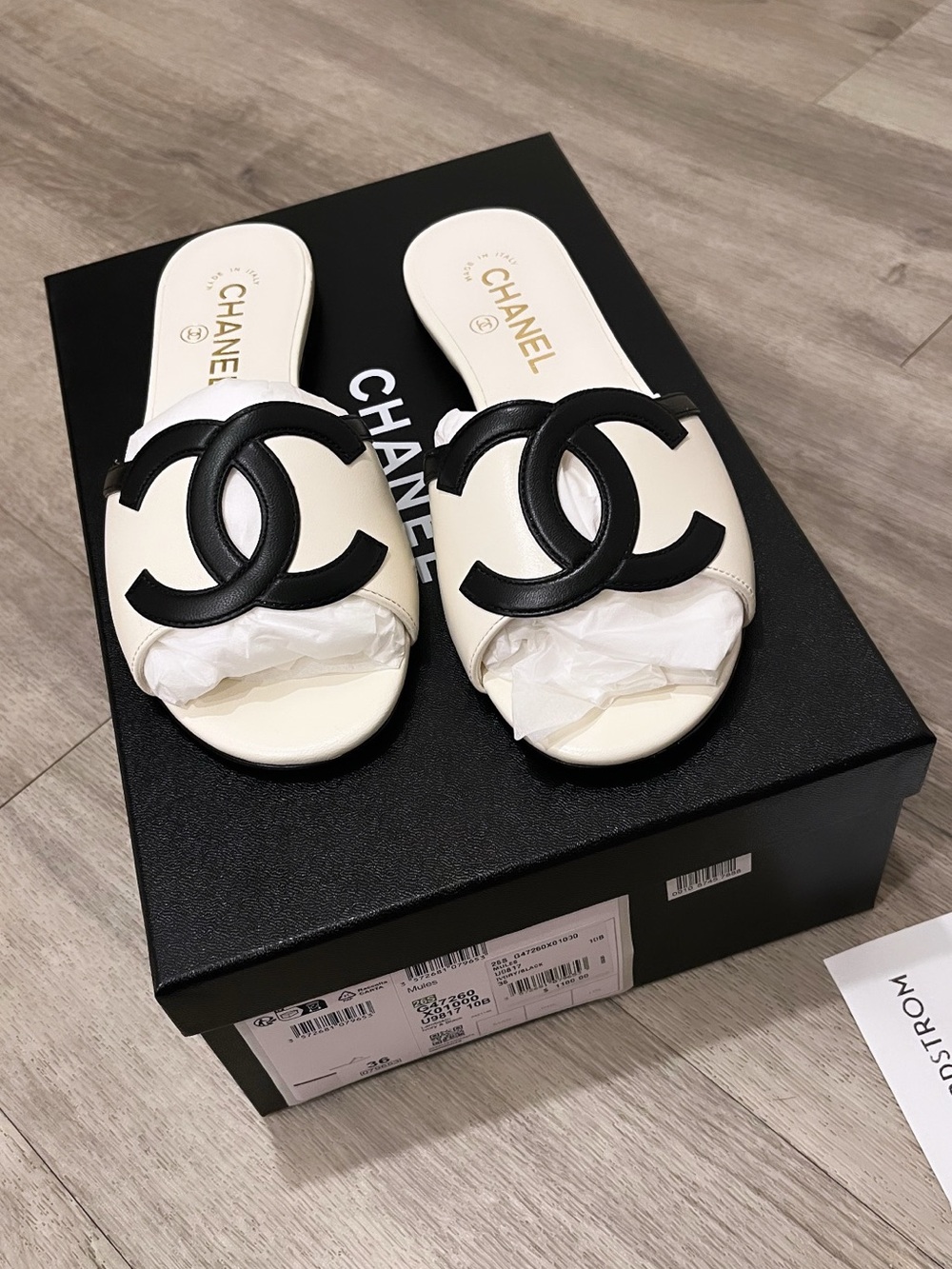 CHANEL Cream Slide Sandals with Black CC Logo
